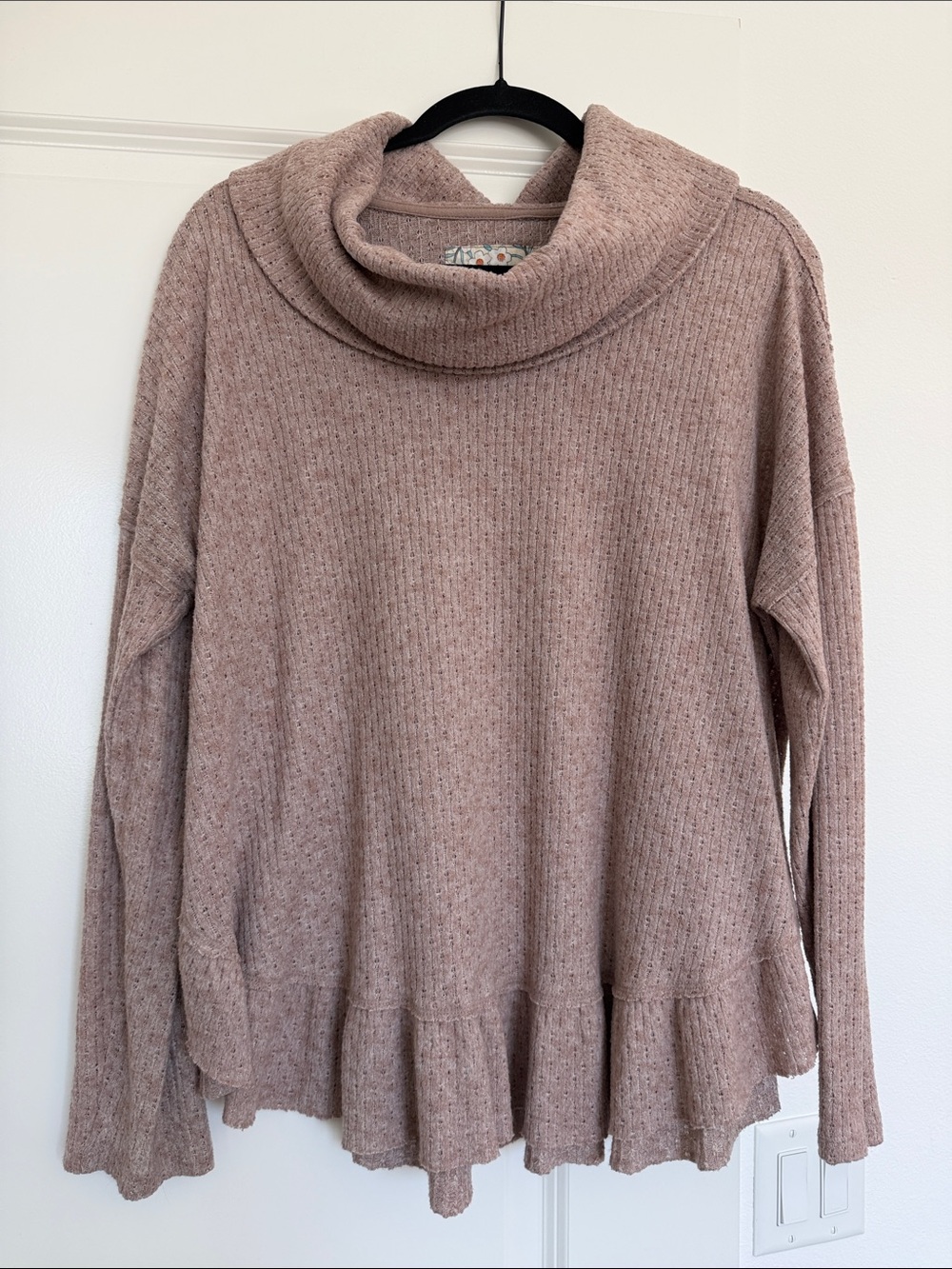 Anthropologie Dusty Rose Cowl Neck Ruffle Hem Sweater